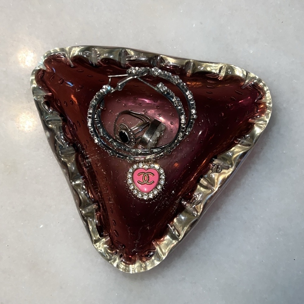 Vintage Armando Jacobino Kumela Triangular Glass Bowl Bubbles Amethyst